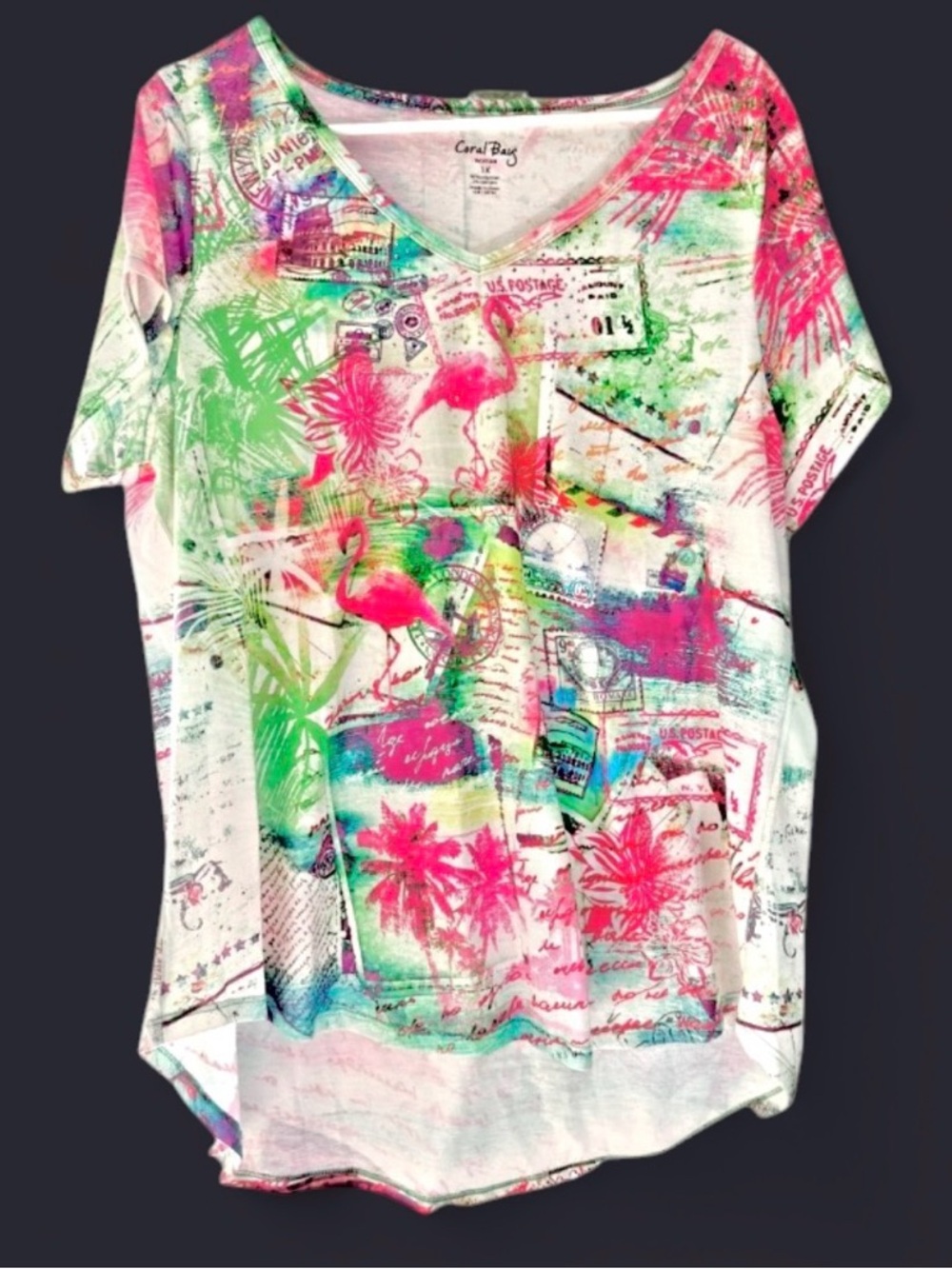 Coral Bay Woman Short Sleeve Shirt 1X Flamingo Colorful V Neck Resort Summer - Picture 3 of 8